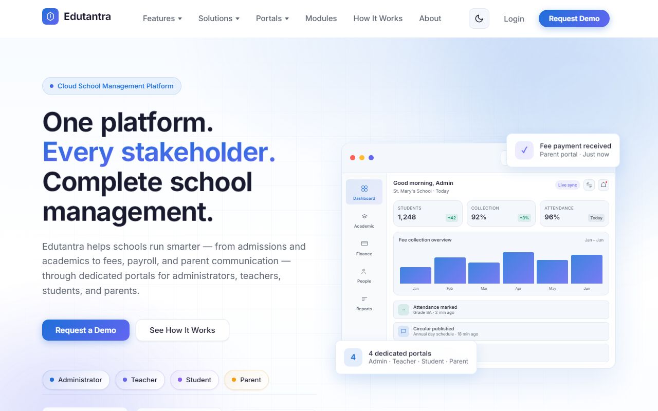 Edutantra school management website — laptop view